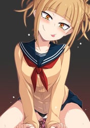 1boy 1girls :p bangs blonde_hair blunt_bangs blush breasts cardigan clothed_sex cowgirl_position cum cum_in_pussy double_bun eyebrows_visible_through_hair female hair_bun half-closed_eyes himiko_toga long_sleeves looking_at_viewer male_pov my_hero_academia no_panties penis plastic_erazer pleated_skirt pov sailor_collar school_uniform serafuku sex short_twintails skirt smile straddling straight sweat tongue tongue_out twintails wet yellow_eyes