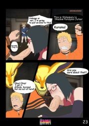 adult_and_teenager ahe_gao audience black_hair blowjob boruto:_naruto_next_generations clothed clothed_sex comic comic_page cum cum_in_mouth cum_inside daydream deepthroat doujinshi english_dialogue english_text erogakure fellatio glasses height_difference kurama naruto naruto_(series) oral oral_sex sarada_uchiha short_hair teenage_girl teenager temari text text_bubble uzumaki_naruto