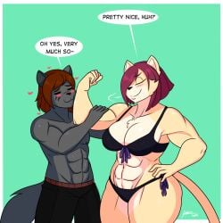 1boy 1girls abs artjwink biceps bikini black_bikini cat cat_ears cat_tail catboy dialogue female furry hair_over_one_eye jwinkz kaylee_(jwinkz) lion lion_ears lion_girl lion_tail male medium_breasts muscular muscular_female muscular_male simple_background swimsuit thick_thighs thighs touching_arm