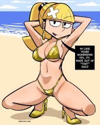 1girls 2d 2d_(artwork) 2d_artwork armpit_fetish arms_behind_head arms_up bandage bandaid bangs beach bikini blonde blonde_female blonde_hair blue_sky dialogue dialogue_box earrings female golden_bikini golden_earrings golden_high_heels hands_behind_head high_heels inspector_lewd laura_(lewd_inspector) lewd_inspector long_hair nipple_bulge nipples ocean ponytail presenting sand sea seaside seducing seduction seductive seductive_body seductive_eyes seductive_gaze seductive_look seductive_pose seductive_smile shaved_armpit shaved_pussy spread_legs spreading tagme water yellow_bikini yellow_earrings yellow_hair yellow_high_heels