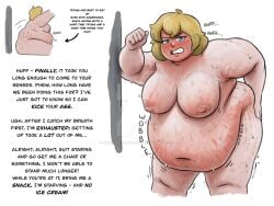 1girls angry big_belly big_breasts blonde_hair blue_eyes blush dialogue erect_nipples fat fat_belly fat_woman female female_focus female_only goeswellwithcream human hungry naked navel nude obese obese_female out_of_breath out_of_shape overweight overweight_female rude rumbling_stomach short_hair stretch_marks text watermark weight_gain wobble