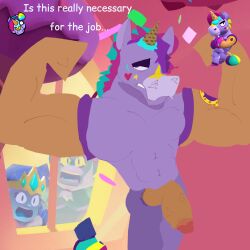 amber_(brawl_stars) anthro barazoku berry_(brawl_stars) brawl_stars clothed clothing costume crookedcrow disappointed equid equine flexing flexing_bicep flexing_both_biceps fursuit fursuiter genitals hi_res horn horse human humanoid humanoid_genitalia humanoid_penis job_interview male mammal muscular muscular_anthro muscular_male mythological_creature mythological_equine mythology partially_clothed pecs penis penis_poking_out sam_(brawl_stars) solo supercell_(company) tagme unicorn wearing_costume
