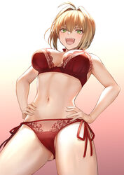 blonde_hair bra breasts fate/grand_order fate_(series) female from_below green_eyes lingerie looking_at_viewer mashu_003 nero_claudius_(fate) panties side-tie_panties smile underwear