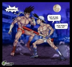 2018 2boys backwards_baseball_cap baseball_bat bulge capcom crossover english_text fatal_fury gay gay_domination gay_male joe_higashi king_of_fighters male male_only muscular night nipples rival_schools shoma_sawamura snk tagme text underwear video_games woofer_kid yaoi