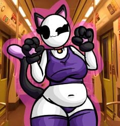 1girls :3 bald bald_female belly belly_button black_eyes breasts cat_collar cat_ears cat_paws cat_tail chetoh chubby chubby_female claire_(chetoh) collar egg female female_focus female_only oc original original_character panties photo_background purple_panties purple_stockings purple_topwear stockings subway_train white_body winking_at_viewer