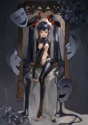absurdres animal_ears black_eyes black_hair black_shrug blue_pupils breasts censored cleft_of_venus crotchless doyagao fake_animal_ears female highres latex latex_legwear light_blush long_hair looking_at_viewer maid_headdress meme_attire nail_polish nipples open_mouth original pixelated pussy rabbit_ears reverse_bunnysuit reverse_outfit shrug_(clothing) small_breasts smug solo stitches symbol-shaped_pupils toenail_polish toenails toes twintails yeougui