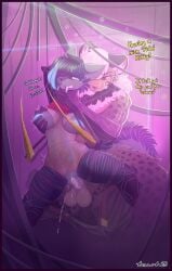 absurd_res anthro aquamarine_fur arms_around_partner balls blue_eyes blue_hair bodily_fluids bodysuit bottomwear breast_grab breasts cable canid canine canis clothed clothing colored cybernetic_arm cybernetic_limb cybernetics cyberware duo ejaculation erection fangs felid feline female fluffy fluffy_chest forced fur genital_fluids genitals hair hand_on_breast hi_res holster humanoid_genitalia humanoid_pussy machine male male/female mammal mantis_blades markings motion_lines neck_grab nipples open_bottomwear open_clothing open_pants pants penetration penis pussy pussy_ejaculation rape red_clothing red_shirt red_topwear sabertooth_(anatomy) sex shaded shirt skinsuit speech_bubble spots spotted_body spotted_fur striped_body striped_fur stripes tail tan_body tan_fur teeth tight_clothing toasterstein toasterstein_(artist) topwear torn_clothing vaginal_fluids vaginal_penetration vaginal_penetration waberoid white_hair wolf
