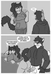 anthro ass bent_over big_breasts bodily_fluids breasts clothing cum cum_in_pussy cum_inside dialogue domestic_cat duo erection felid feline felis female fluffy fluffy_tail genital_fluids genitals greyscale hair hi_res hoodie humanoid_genitalia humanoid_penis looking_at_another looking_at_partner looking_back looking_back_at_another looking_back_at_partner maebeasheep male male/female mammal monochrome nurse penis ponytail pull_out scrubs smile speech_bubble tail topwear unprofessional_behavior vaginal_penetration whiskers