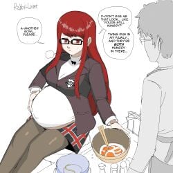 1girls atlus big_belly bloated_belly blush clothed clothing color colored dialogue eating edit embarrassed female glasses hungry lewdlemage long_hair navel navel_visible_through_clothes outie_navel persona persona_5 persona_5_royal pregnancy_cravings pregnant pregnant_with_multiples red_eyes red_hair school_uniform shujin_uniform sketch stuffing sumire_yoshizawa text third-party_edit twins