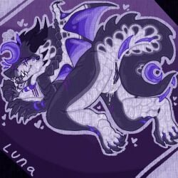 1:1 all_fours anonymous_artist anthro anus arched_back bodily_fluids breasts character_name claws cum dragon female genital_fluids genitals heart_symbol hi_res horn leaking_cum looking_back mythological_creature mythological_scalie mythology open_mouth presenting presenting_pussy purple_body purple_eyes purple_scales pussy scales scalie scar solo tail teeth text vaginal_fluids white_body white_scales wings x_anus