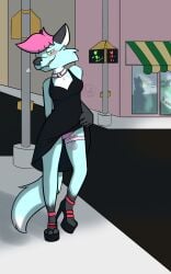 anthro blush canid canine cloe_(powerfulcrumpets) cloe_supraari clothed clothing clothing_lift collar dress dress_lift egg_vibrator female footwear fox hi_res high_heels mammal panties powerfulcrumpets print_clothing print_panties print_underwear public sex_toy shoes solo underwear upskirt vibrator