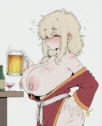 ai_assisted ai_generated alcohol bangs bare_shoulders beer beer_mug bite_mark blonde_hair blush bottle breasts breasts_out closed_eyes closed_mouth cup drinking_glass drunk ear_blush female holding holding_cup huge_breasts injury large_areolae large_breasts long_hair messy_hair mug nipple_piercing nipple_rings nipples off_shoulder piercing scar scar_on_arm scar_on_chest shortstack simple_background slap_mark solo sondu sweat table thick_eyebrows white_background