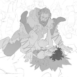 2boys ambiguous_penetration clothed daichouno game_of_thrones jon_snow male male_only spread_legs tormund_giantsbane