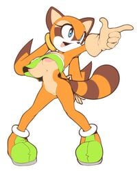 big_breasts blue_eyes brown_fur clothing eyelashes female furry gloves green_top looking_right marine_the_raccoon open_mouth orange_fur plantpenetrator pointing pussy sonic_(series)