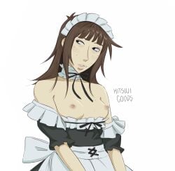 black_eyes breasts brown_hair hair_ornament hitsujigoods kara_eklund_(hitsujigoods) looking_away maid maid_uniform medium_hair neet_girl nipples small_breasts white_background