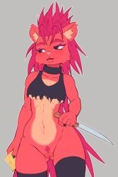 5_fingers anthro black_eyes blush breasts crombie female fingers flaky_(htf) genitals hair happy_tree_friends mammal porcupine pussy red_body rodent solo