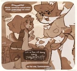 2025 anthro ask_blog backpack big_ears bird_dog bottomless bottomless_anthro bottomless_male calico_cat canid canine canis chest_tuft clothed clothing commando dialogue digital_drawing_(artwork) digital_media_(artwork) domestic_cat domestic_dog duo emanata english_text exhibitionism eyewear felid feline felis female femboy furry genitals glasses hi_res humanoid_genitalia humanoid_penis hunting_dog male mammal maple_(puppeypawbs) monochrome outside penis pouch_(clothing) puppeypawbs sepia sitting spaniel syrup_(puppeypawbs) talking_to_viewer text tuft tumblr