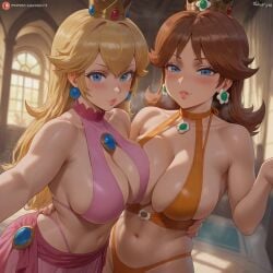 2girls ai_generated bigbizarts blonde_hair blue_eyes breasts brown_hair cleavage clothing crown curvaceous duo ear_piercing earrings female female_focus female_only flower_earrings human indoors light-skinned_female light_skin long_hair looking_at_viewer mammal mario_(series) mature mature_female nintendo orange_swimwear pink_swimwear princess princess_daisy princess_peach royalty sexy swimwear voluptuous voluptuous_female