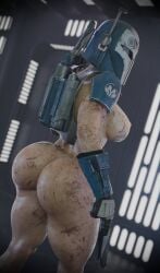 1girls 3d ass big_ass big_breasts bo-katan_kryze breasts bubble_butt dirt dirty faceless_female female helmet mandalorian nipples solo star_wars vensaku