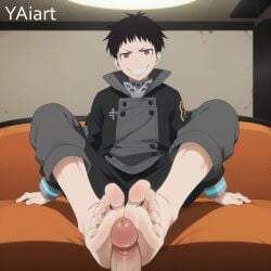 ai_generated barefoot black_hair en'en_no_shouboutai enen_no_shouboutai fire_force foot_fetish footjob kusakabe_shinra male male_only penis pov red_eyes sharp_teeth shinra_kusakabe yaiart