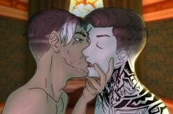 2boys background black_and_white_hair black_hair blue_eyes brown_hair closed_eyes digital digital_art digital_drawing_(artwork) digital_media digital_media_(artwork) drawing eyes_open fortnite fortnite:_battle_royale french_kiss french_kissing gay gay_male hair hand_on_face homosexual human indoors kiss_on_lips kissing light-skinned_male light_skin low_taper_fade making_out male male_only midas_(fortnite) montague_(fortnite) mr._prince naked naked_male open_mouth pale-skinned_male pale_skin scar scar_across_eye scar_on_face scars skin_contrast skin_tone_difference stubble tan_body tan_skin tanned tanned_skin tattoos tongue tongue_kiss two-tone_hair two_tone_hair undercut white_hair
