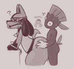ambiguous_gender anthro ass ball_gag big_butt blindfold bodily_fluids butt_grab caught caught_in_the_act chains claws clothed clothing coat cuff_(restraint) dawn_(pokemon) digital_drawing_(artwork) digital_media_(artwork) doggy_style drooling duo eyelashes from_behind_position fur gag gem generation_4_pokemon genital_fluids hand_on_butt handcuffed handcuffs hat headgear headwear human lucario male male/ambiguous mammal metal_cuffs monochrome nintendo nude pokemon pokemon_(species) pokemon_trainer precum question_mark restraints saliva scarf sex shocked spikes spikes_(anatomy) sweat tail thick_thighs topwear weavile zlut385