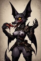 ai_generated anthro armor bat bat_wings black_fur blood_in_mouth blood_on_face eating female female_only impractical_armor looking_at_viewer meat sharp_teeth simple_background teron_games yellow_eyes