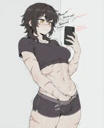 abs ai_assisted black_hair black_shirt black_shorts blush breasts cellphone closed_mouth clothes_lift cowboy_shot crop_top dolphin_shorts english_text female female_masturbation fingering grey_background hand_in_panties hand_under_clothes holding holding_phone looking_at_phone masturbation medium_breasts midriff muscular muscular_female navel panties phone scar scar_on_arm scar_on_cheek scar_on_chest scar_on_face scar_on_stomach scars selfie shirt short_hair short_shorts short_sleeves shorts simple_background smartphone solo sondu sweat t-shirt tomboy underwear wolf_cut yellow_eyes
