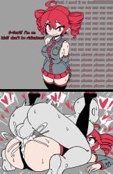 1boy 1girls anon anonymous_male aroused aroused_face balls_deep cum cum_in_pussy english_text faceless_male female heart_eyes horny horny_female instant_loss_2koma kasane_teto large_breasts looking_at_viewer male mating_press microskirt self_upload sex sideboob straight tagme text thoughts unepicroachy utau vaginal_penetration wip y/n
