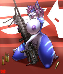 anthro big_breasts breasts canine female fox fur gun hair mammal metalfoxxx nude pussy ranged_weapon rifle simple_background sniper_rifle solo tongue weapon