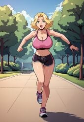1girls ai_generated blonde_hair bracelet breasts cleavage creature_commandos dc_comics female female_focus female_only ilana_rostovic jewelry jogging large_breasts park running short_hair short_shorts shorts solo solo_female solo_focus sports_bra standing trees workout_clothes zupern0va_(manipper)