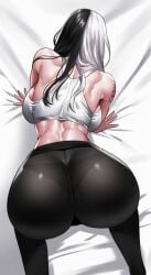 all_fours ass backboob bare_arms bare_shoulders bed_sheet black_hair black_pants breasts clothes_writing commentary english_commentary facing_away feet_out_of_frame female from_behind goddess_of_victory:_nikke large_breasts long_hair midriff multicolored_hair pants pantylines rosanna_(nikke) shoulder_tattoo solo split-color_hair sports_bra tattoo tight_clothes tight_pants toned toned_female two-tone_hair white_hair white_sports_bra yoga_pants zinfian