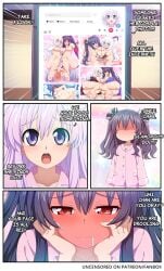 barefoot black_hair black_heart blue-senpai blush breasts comic cowgirl_outfit feet footjob hands_on_own_face indoors large_breasts long_hair lying multiple_girls nepgear neptunia_(series) noire nude open_mouth pajamas purple_hair rabbit_ears red_eyes soles symmetrical_docking toes twintails uni_(neptunia)