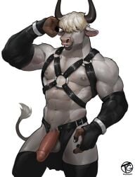 absurd_res animal_humanoid anthro armwear blonde_hair bovid bovid_horn bovid_humanoid bovine bovine_horn bovine_humanoid clothing exhibitionism fur genitals gloves hair handwear hi_res horn humanoid latex latex_armwear latex_clothing latex_gloves latex_handwear latex_legwear latex_skinsuit legwear male male_only mammal mammal_humanoid muscular muscular_anthro muscular_arms muscular_male nipples pecs penis pube_peek pubes skinsuit solo tagonkrat tail tight_clothing white_body white_fur