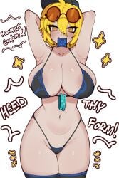 armpit_crease armpits bikini black_hat black_thighhighs blonde_hair blue_bikini blue_trim bracelet breasts cinq_association_(identity)_(project_moon) condom condom_in_mouth condom_wrapper don_quixote_(limbus_company) don_quixote_(project_moon) english_text fedora female glasses hat highres jewelry large_breasts limbus_company mouth_hold oerba_yun_fang presenting_armpit project_moon renata11033 short_hair simple_background skin_fang solo star_(symbol) swimsuit thighhighs white_background yellow_eyes