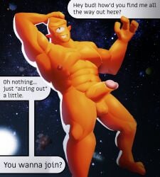 1_eye 1boy abs absurd_res allen_the_alien bald balls bara bara_tits big_nipples big_pecs dialogue humanoid humanoid_penis male muscles muscular muscular_male nipples orange_body penis planet solo solo_male space
