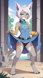 1girls 2025 ai_generated anthro blue_eyes bracelet cameltoe clothes_lift digitigrade female female_only flashing gold_jewelry grey_body hi_res inner_ear_fluff mineru nintendo outdoors panties ruins short_hair the_legend_of_zelda the_legend_of_zelda:_tears_of_the_kingdom white_hair zonai