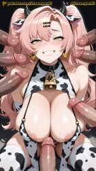 2025 ai ai_assisted ai_generated anime anime_style artist_name bare_legs bare_shoulders bare_thighs big_breasts bikini bikini_bottom bikini_top breasts cow_bikini cow_ears cow_girl cow_horns cow_print cow_print_bikini dreamyan_ai female green_eyes gyaru hi_res high_quality high_resolution highres huge_breasts multiple_boys multiple_penises nicole_demara patreon pink_hair smile smiling smiling_at_viewer surrounded_by_penises thick_ass thick_thighs thighs twintails uncensored white_body white_skin zenless_zone_zero