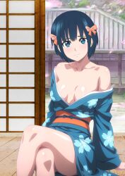 1girls bare_legs bare_shoulders blue_eyes blue_hair botan_nagatsuki cleavage collar female kimono_open leaning_back looking_at_viewer medium_breasts ribbons sitting smile