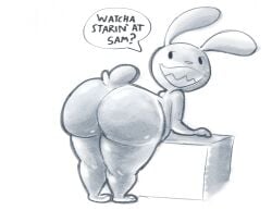 2024 absurd_res against_surface anthro ass big_butt dialogue dizzysauce_nsfw english_description english_text fur hi_res lagomorph leporid male mammal max_(sam_and_max) presenting presenting_hindquarters question_mark rabbit rabbit_ears rear_view sam_and_max sharp_teeth simple_background small_tail smile solo speech_bubble tail teeth text thick_thighs white_background white_body white_fur