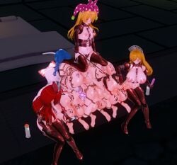 3d ass blindfold body_writing bondage captured chinkaigyogyo clownpiece damsel_in_distress fujiwara_no_mokou gag hecatia_lapislazuli junko_(touhou) kaguya_houraisan keine_kamishirasawa multiple_girls touhou