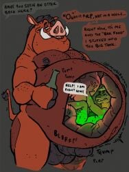 3:4 anthro balls belly big_belly bottle buhk burping container dialogue disney duo erection genitals hi_res internal male male/male male_pred mammal muscular mustelid nude organs otter pecs penis pumbaa rumbling_stomach stomach stomach_bulge suid suine text the_lion_king tusks vore warthog x-ray_view