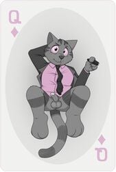 2018 anthro anthro_male balls barefoot bottomless cigar clothed clothing dress_shirt feline fritz_the_cat fritz_the_cat_(character) fur hand_behind_head humanoid_penis looking_at_viewer male male_only mammal necktie neenya partially_clothed penis playing_card queen_of_diamonds shirt smile smirk solo white_background