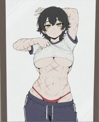 abs ai_assisted arm_up bangs black_hair breasts closed_mouth clothes_lift clothes_pull cowboy_shot female gym_uniform hair_between_eyes large_breasts lifted_by_self looking_at_viewer muscular muscular_female navel panties pants red_panties scar scar_on_arm scar_on_chest scar_on_face scar_on_stomach shirt shirt_lift short_hair short_sleeves shorts simple_background solo sondu stomach sweat sweatdrop track_pants underboob underwear white_background white_shirt yellow_eyes