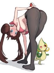 bra breasts gonzarez hanging_breasts human long_hair looking_at_viewer pantyhose pokemon rosa_(pokemon) smile smiling_at_viewer snivy tagme