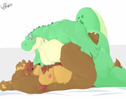2020 anal anal_sex anthro anthro_on_anthro anthro_penetrated anthro_penetrating anthro_penetrating_anthro armpit_hair bear belly blush bodily_fluids body_hair chest_hair closed_eyes crocodile crocodilian duo from_front_position grandall_(artist) grandall_(character) happy_trail hi_res legs_up lying male male/male male_penetrated male_penetrating male_penetrating_male mammal missionary_position nude obscured_penetration on_back overweight overweight_anthro overweight_male pecs penetration raised_arms reptile ryan_reid scalie scar sex sweat tail