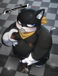 anthro barbell_piercing bedroom_eyes belly black_body black_fur blue_eyes blush bodily_fluids censored censored_genitalia chest_grab chubby condom condom_in_mouth condom_wrapper cum cum_on_ground dipstick_tail domestic_cat dorobo_39 ejaculation erect_nipples felid feline felis fingers floor foreskin fur genital_fluids genitals gloves_(marking) heart_symbol hearts_around_head hi_res inner_ear_fluff kerchief looking_at_viewer male male_only mammal markings mask moob_grab moobs morgana_(persona) mouth_hold narrowed_eyes navel nipple_barbell nipple_outline nipple_piercing nipples object_in_mouth overweight overweight_male penis persona_(series) persona_5 piercing pink_nipples satchel seductive sexual_barrier_device solo solo_male sweat sweatdrop tail tail_markings text thick_arms tile tile_floor tuft uncircumcised wearing_mask whiskers white_body white_fur white_inner_ear white_inner_ear_fluff white_toes