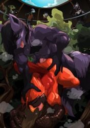 absurd_res anal anthro avian beak bird cardinal_(bird) chalk_outline clothed clothing duo feathers felid fish genitals hand_on_butt hand_on_head hi_res male male/male mammal marine nude oscine pantherine passerine penguin penis plant procyonid public raccoon snow_leopard tree