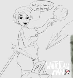 big_breasts broom dialogue female going_commando implied_yuri maid maid_uniform no_panties original_character pubic_hair sketch skirt_lift smile whiteflagman