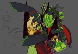 1x1x1x1_(forsaken) 1xdoe black_skin cape centipede_tail crown eating_pussy forsaken_(roblox) fully_clothed green_body held_up john_doe_(forsaken) lobster_claw repost spikes stuck tagme transparent_body tspmo visible_skeleton zipper_mouth